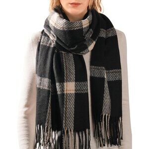 Winter Scarf Women's Shawl Cashmere Feel Tassel Plaid Oversized Scarves Black